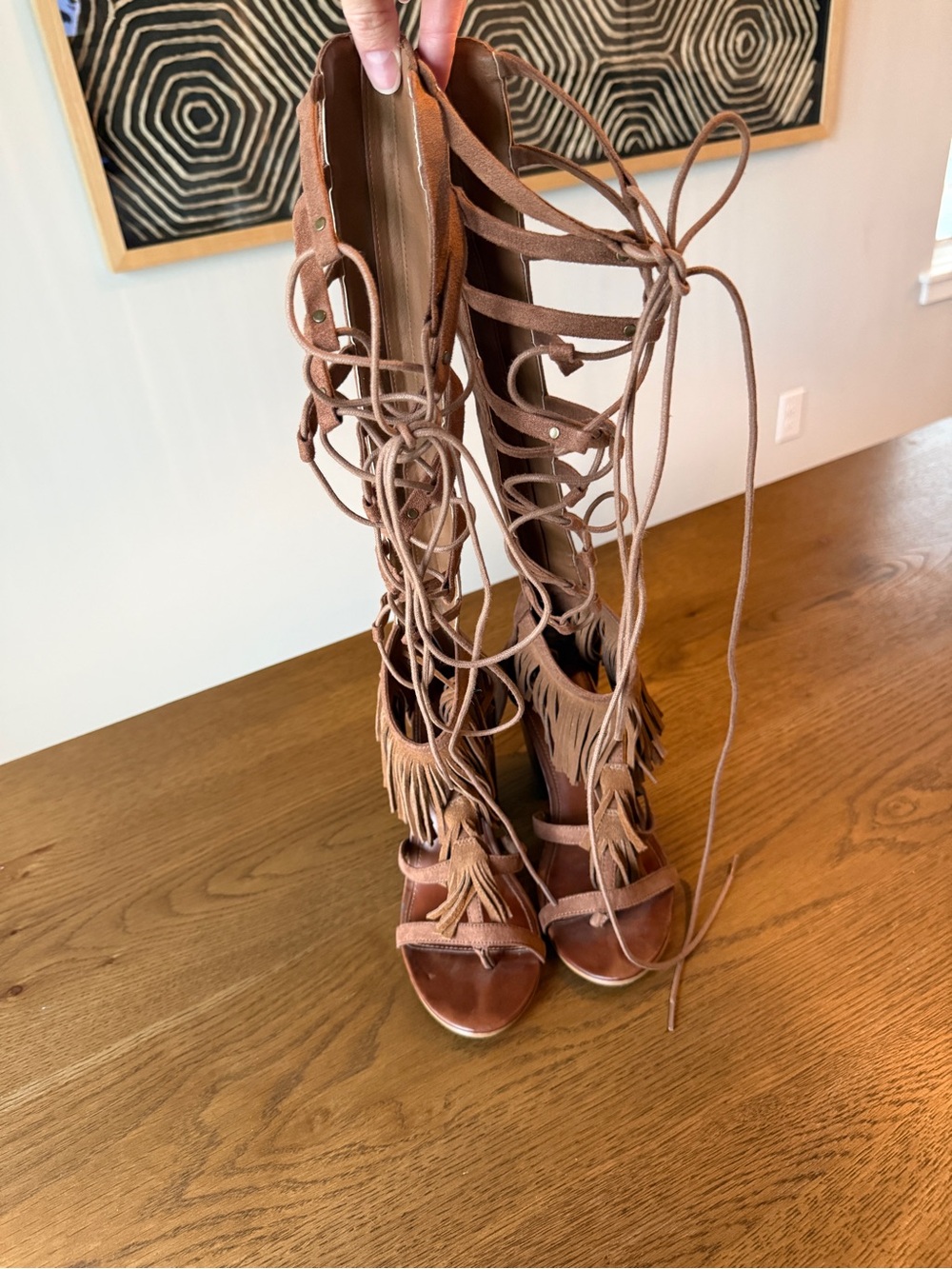 MIA Tan Fringe Lace-Up Gladiator Heels